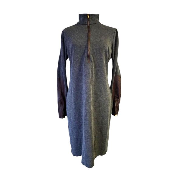 Ralph Lauren Gray Midi Sweater Dress Viscose Leather Mock Neck Equestrian Chic - Picture 1 of 11